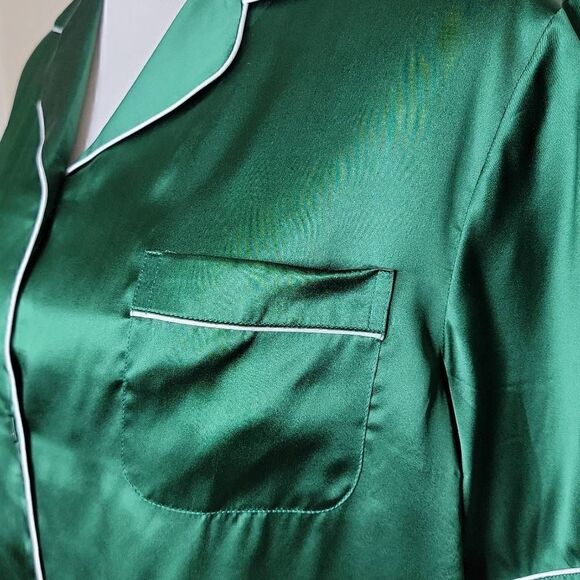 SilkSilky Pure Silk Classic Binding Trim Pajama Top Green - Picture 8 of 9